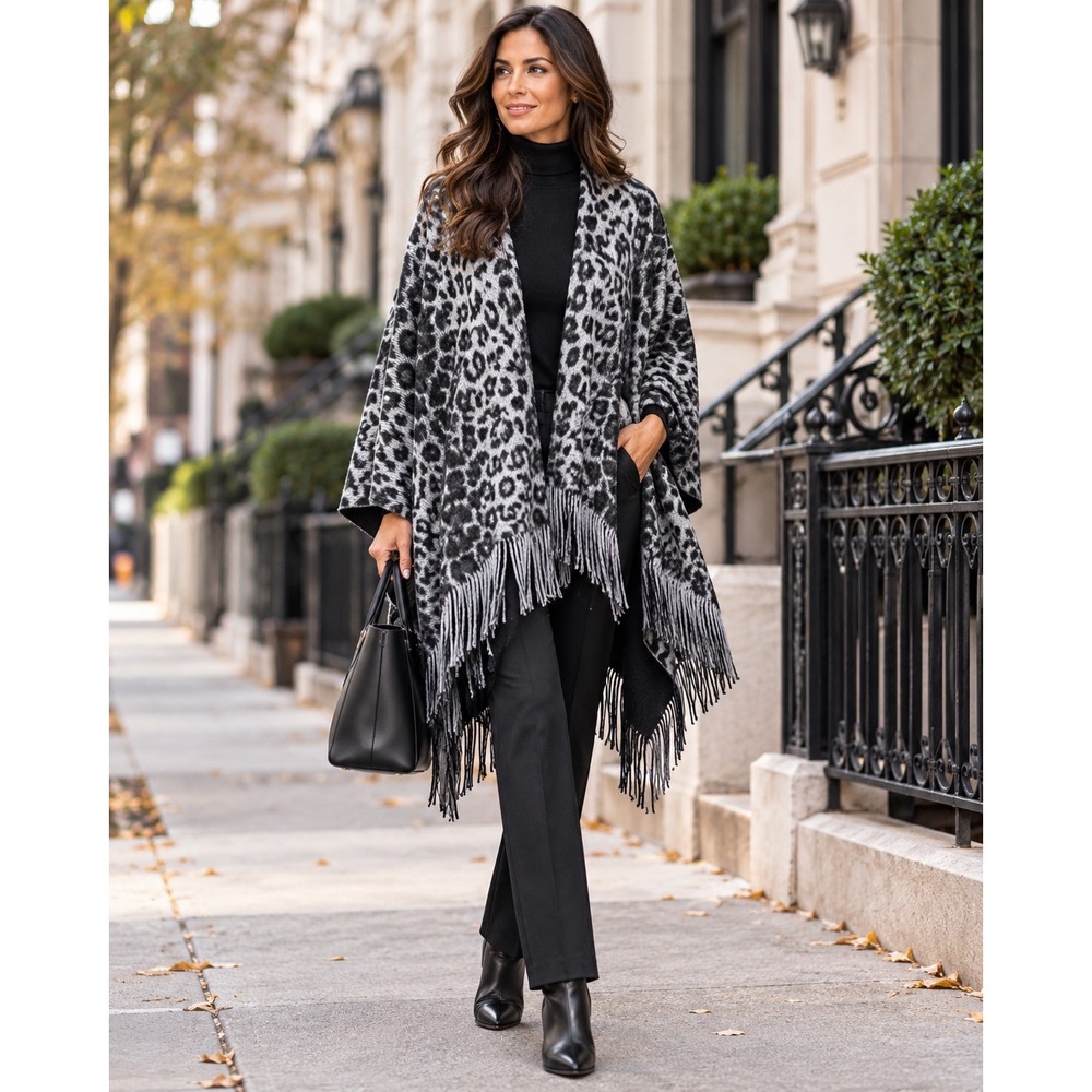 Leopard Print Fringe Wrap Poncho Shawl Gray Black One Size